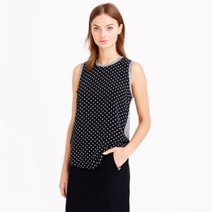 NWT J. Crew Silk-Front Tank in Polka Dot in Black Vintage Gunmetal, Size M